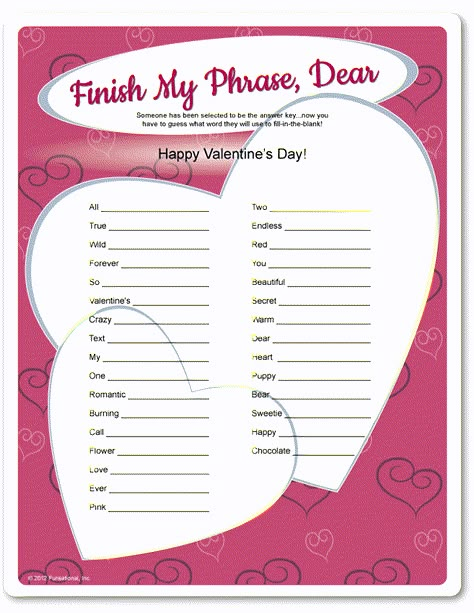 Printable Valentine's Day Game >> Finish My Phrase, Dear Banquet Games, Valentine Banquet Ideas, Valentines Games For Couples, Valentines Party Games, Valentines Dinner Party, Finish My Phrase, Valentines Banquet, Valentines Tea, Valentines Day Games