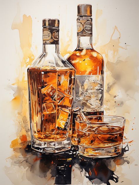 Watercolor Whiskey Bottle, Whiskey Bottle Art, Whiskey Drawing, Whiskey Painting, Whiskey Poster, Whiskey Art, Bedroom Art Painting, Bottle Of Whiskey, Watercolor Paintings For Beginners