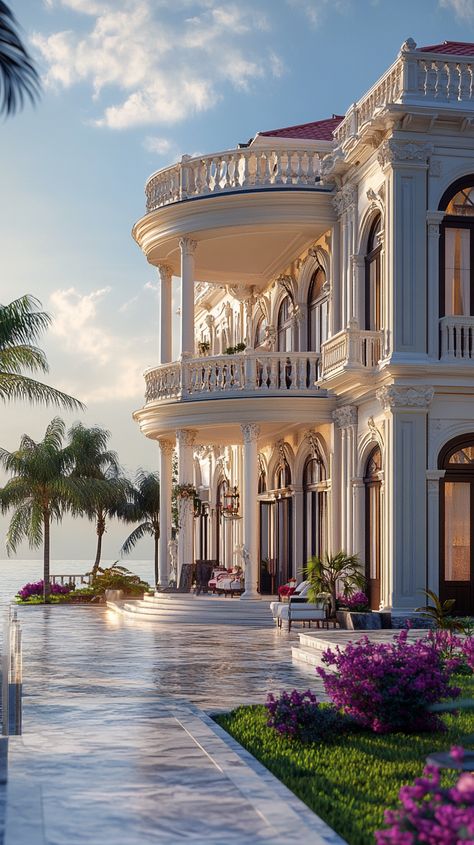 Oceanfront Mansion with Large Terrace Oceanfront Mansion, Big Modern Houses, Living By The Sea, Classic Mansion, Luxury Homes Exterior, Large Terrace, Luxury Exterior, Architectural Design House Plans, Dream Vacations Destinations