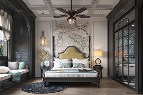 Indochine Bedroom on Behance Colonial Style Interior Modern Bedroom, Art Deco Style Bedroom, Classical Modern Bedroom, Modern Colonial Bedroom, Indochine Bedroom, Indochina Interior, Classical Bedroom, Colonial Bedroom, Indochine Interior