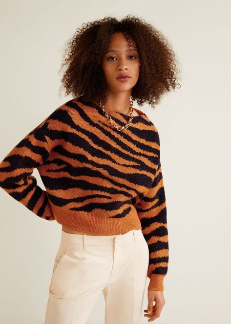 Mango Tiger Print Sweater Animal Print Sweater, Mango Outlet, Animal Print Fashion, Print Sweater, Long Puff Sleeves, Tiger Print, Knitted Jumper, Printed Sweater, Knit Jumper