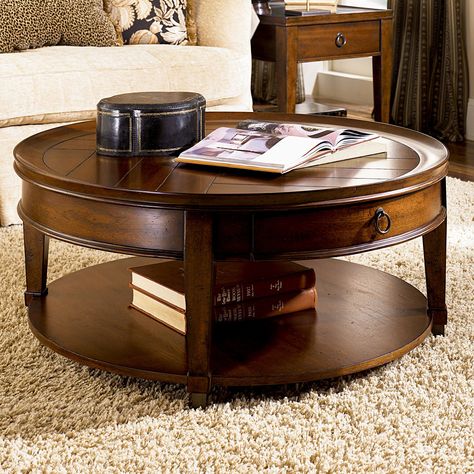 Have to have it. Hammary Sunset Valley Round Cocktail Table - Rich Mahogany - $515 @hayneedle Round Wooden Coffee Table, Sunset Valley, Mahogany Coffee Table, Round Coffee Tables, Round Cocktail Tables, Round Wood Coffee Table, Christmas Coffee Bar, Coffee Table With Drawers, Coffee Table Ideas