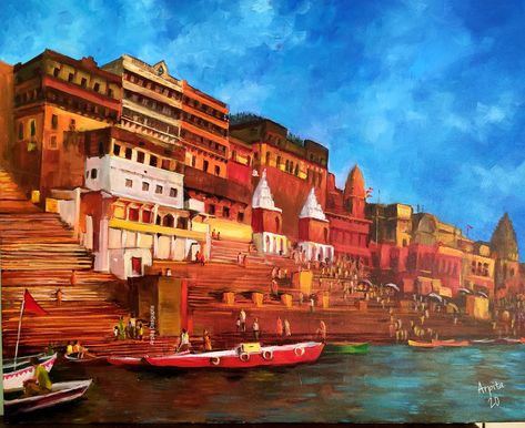 Rajasthan Art Paintings, Benaras Ghat Paintings, Benaras Paintings, Ganga Ghat Painting, Indian Heritage Paintings, Varanasi Painting, Banaras Ghat, Ganga Ghat, Canvas Art Painting Acrylic