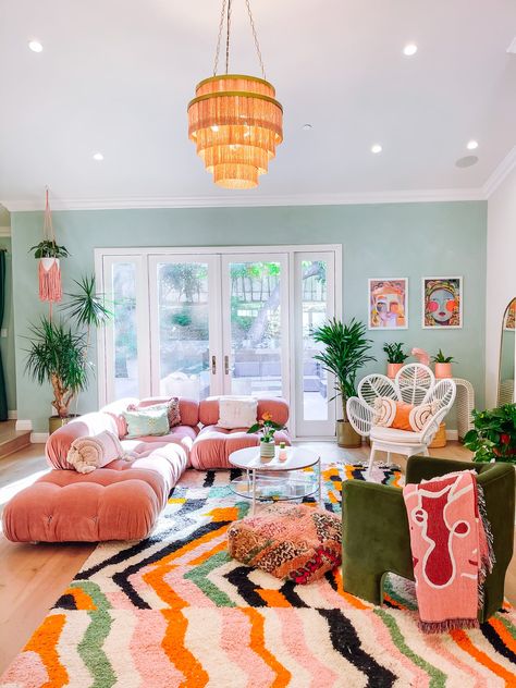 Dazey Den - Lena Livingroom Makeover | Dazey LA Living Room Inspiration Cozy Bohemian, Fun Living Room Wall Colors, Interior Design Family Home, Boho Disco Apartment, Eclectic Beauty Room, Fun Colorful Living Room Ideas, Colorful Living Spaces, Apartment Trends 2023, Funky Couches Living Room