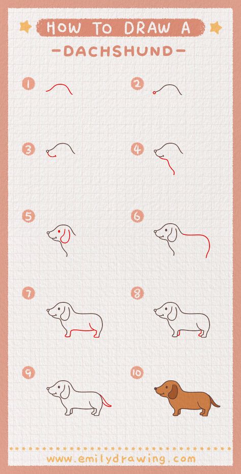 How To Draw A Sausage Dog, How To Draw A Dachshund Step By Step, Cute Dachshund Drawings, How To Draw A Dachshund, Living Cheap, Super Easy Drawings, Dachshund Drawing, Dachshund Facts, Dachshund Painting