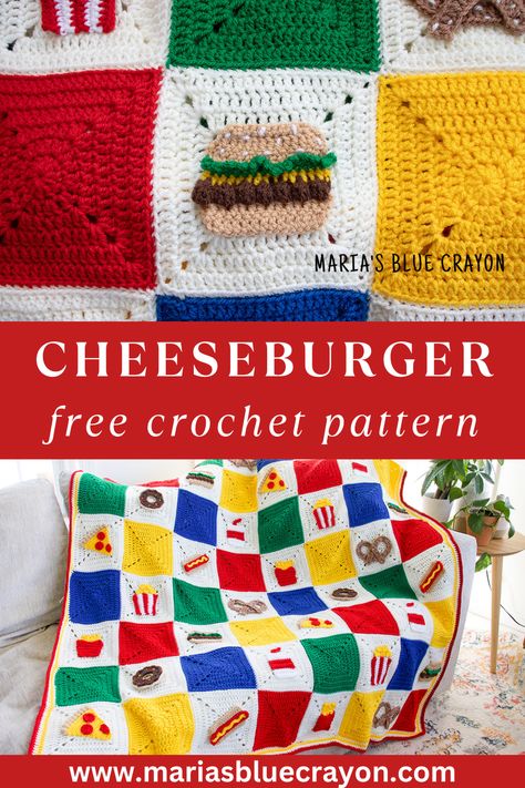 Crochet Cheeseburger Applique Free Pattern - Maria's Blue Crayon Crochet Book Applique, Crochet Crayon, Burger Crochet, Crochet Cheeseburger, Cal Crochet, Blue Crayon, Crochet Applique Patterns Free, Crochet Videos Tutorials, Bobble Stitch