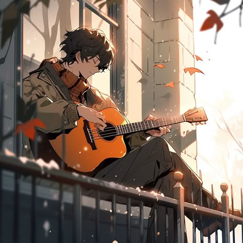 An anime guy with lustrous black hair finds solace, perched on the windowsill, contemplating a world beyond with a hint of wistful longing. Anime Guy Guitar, Cool Guitar Aesthetic, Anime Photographer Guy, Anime Playing Guitar, Anime Music Aesthetic, Book Drawing Aesthetic, Anime Musician, Anime Boy With Headphones, Guy With Guitar