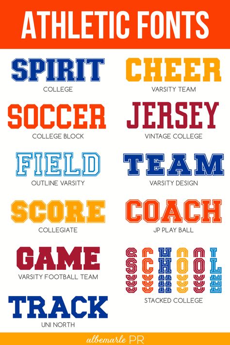 Athletic Fonts for Sports Designs, Varsity Fonts, and College Fonts Free Sports Fonts For Cricut, Sports Fonts For Cricut, Sport Font Design, Athletic Typography, School Spirit Wear Designs, Free Sports Fonts, High School Spirit Wear, Tattoo Fonts Ideas, Tattoo Font Ideas