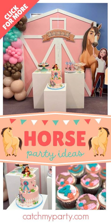 Spirit Party Ideas, Horse Birthday Party Ideas Girl, Horse Theme Birthday Party Girl, Spirit Birthday Party Ideas, Spirit Birthday Party, Spirit Riding Free Birthday Party, Horse Cupcakes, Horse Theme Birthday Party, Spirit Birthday