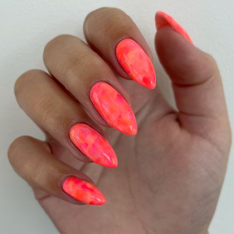 Bright Red Nails With Design Summer, Jamaica Nail Ideas, Fruit Salad Nails, Bright Marble Nails, Bright Summer Acrylic Nails Almond, Bright Almond Nails, Hot Pink And Orange Nails, Summer Coral Nails, Orange Pink Nails