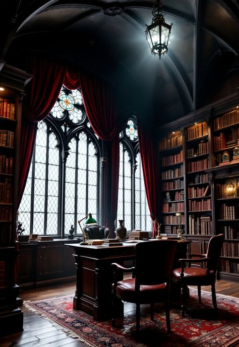 Dark Academia Decor Victorian Gothic Office, Dark Academia Curtains, Gothic Classroom, Light Academia Interior, Magic Academia, Moody Study, Gothic Study, Dark Academia House, Victorian Library