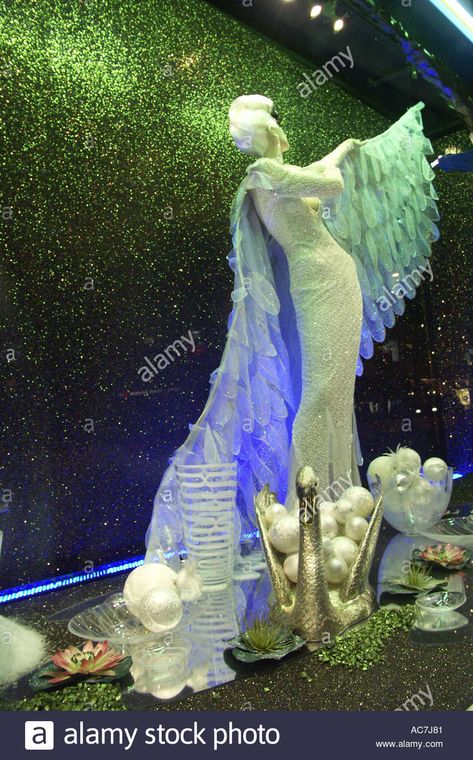 swan like mannequin in Harrods department store christmas fairytale Stock Photo: 4265600 - Alamy Christmas Fairytale, Swan Wings, Harrods London, Kensington And Chelsea, London Landmarks, Uk Images, Shop Window Displays, Window Displays, England Uk