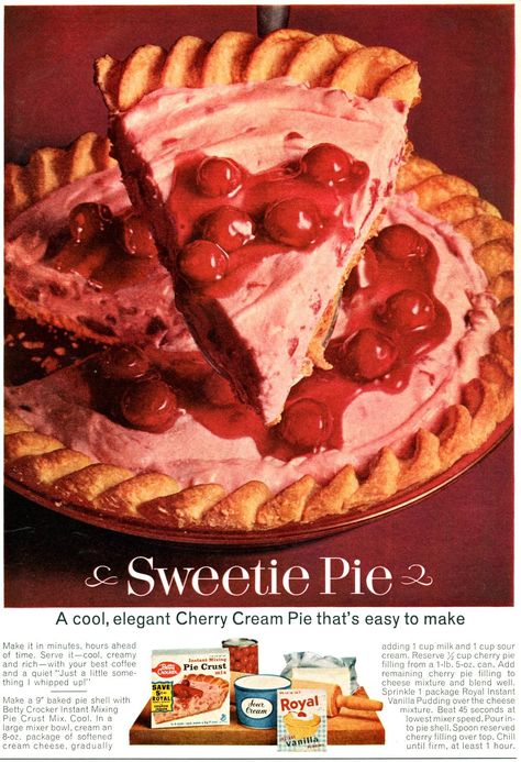 Cherry Cream Pie Recipe, Cherry Cream Pie, Cherry Cheesecake Pie, Vintage Food Posters, Baking Packaging, Cherry Filling, Good Pie, Cream Pie Recipes, Vintage Dessert