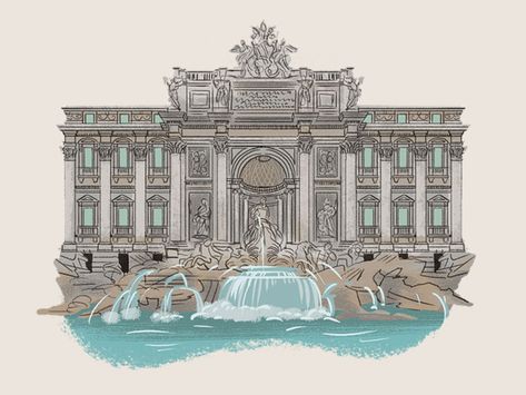 Caper Districts - Trevi Fountain (19/23) by Emrich Office Trevi Fountain Illustration, Trevi Fountain Sketch, Trevi Fountain Drawing, Roman Fountain, Italy Project, Water Fountain Design, Currency Design, City Tattoo, Fountain Design