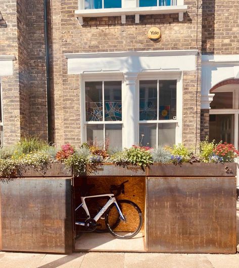 Bike Storage Front Of House, Bike Storage Front Garden, Outside Bike Storage, Rainwater Garden, Garden Bike Storage, Bike Storage Shed, Bike Box, Residential Garden, Kid Friendly Backyard