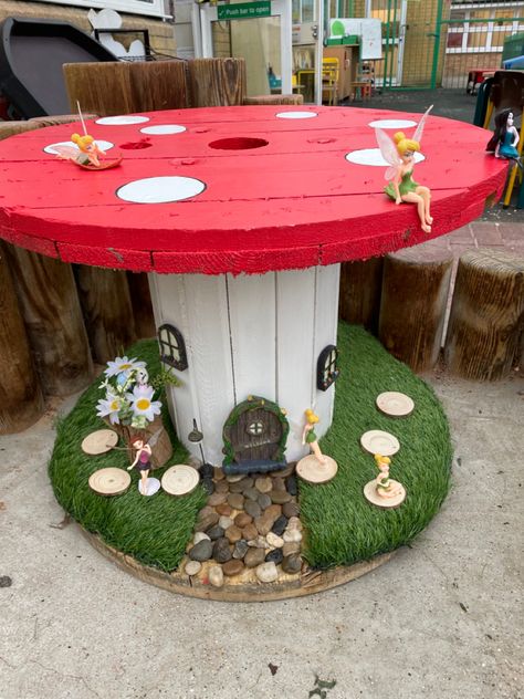 Fun Landscape Ideas, Fairy Yard, Whimsical Fairy Garden, Wooden Spool Projects, Whimsical Yard, Mud Kitchens, Fairy Garden Pots, Patio Art, Jungle Decorations