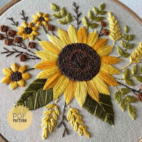 Sunflowers Hand Embroidery Pattern, Floral Embroidery Vintage Design, Botanical Pattern Hoop Art 6 - Etsy Hand Embroidery Sunflower, Sunflower Embroidery Pattern, Embroidery Sunflower, Embroidered Sunflowers, Embroidery Pattern Floral, Sunflower Embroidery, Embroidery Vintage, Basic Embroidery Stitches, Hand Embroidery Projects