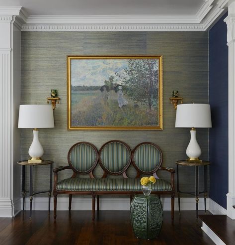 Calacatta Marble Floor, Corey Damen Jenkins, Theodore Alexander Furniture, Green Wall Color, Leather Wing Chair, Theodore Alexander, Impressionist Paintings, Dining Room Walls, Colonial House