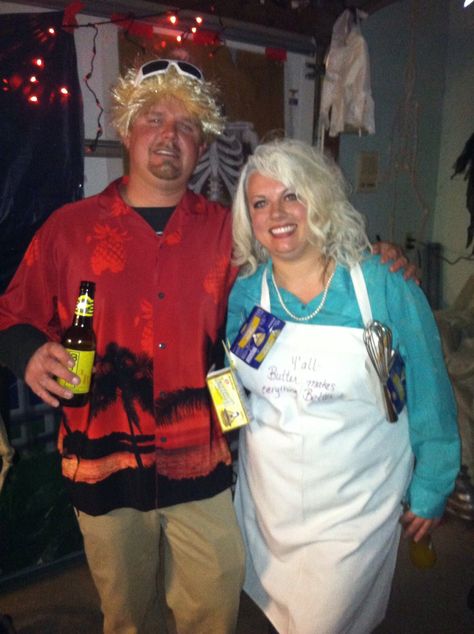 Paula Deen and Guy Fieri couples costume #coupleshalloweencostume #coupleshalloween #diycostume #halloweencostume Guy Fieri Couple Costume, Couples Costume Big Guy, Guy Fiery Costumes, Couples Costume Man With Beard, Couples Costumes For Men With Beards, Food Costumes, Guy Fieri, Homemade Costumes, Paula Deen