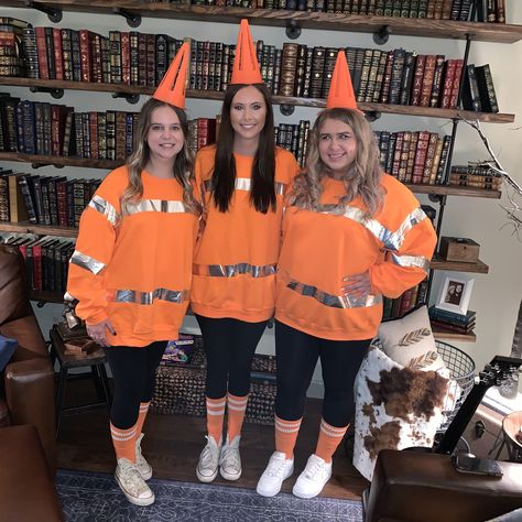 DIY orange traffics cone Halloween Costumes Traffic Cone, Diy Cone Costume, Pylon Cone Costume, Orange Dress Up Costume, Traffic Cones Halloween Costume, Safety Cone Costume, Orange Party Outfit Ideas, Traffic Come Costumes, Diy Trio Halloween Costumes