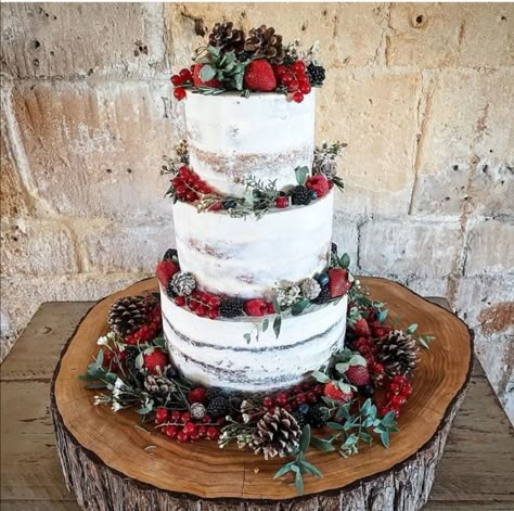 25 Winter Wedding cakes that wow ~ KISS THE BRIDE MAGAZINE Rustic Christmas Wedding Cake, Christmas Theme Wedding Cake, Red Velvet Wedding Cake Rustic, Christmas Wedding Cake Ideas, Wedding Cakes Christmas, One Layer Wedding Cake, Lapland Wedding, Wedding Cake Ideas Simple, Diy Elopement