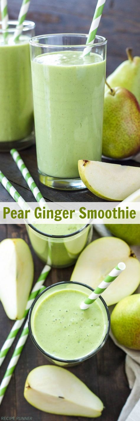 Pear Ginger Smoothie | This pear ginger smoothie is full of fiber, protein and greens! It's the perfect healthy way to start the day! Ginger Smoothie Recipes, Smoothie Kale, Pear Ginger, Ginger Smoothie, Pear Recipes, Healthy Shakes, Makanan Diet, Breakfast Smoothies, Smoothie Shakes