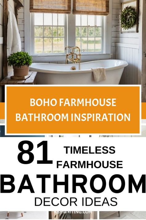 Boho farmhouse bathroom with a freestanding tub and rustic decor. Boho Bathroom Rug Ideas, Boho Farmhouse Bathroom Ideas, Bathroom Ideas Bohemian, Boho Bathroom Design, Bathroom Western, Decor Ideas For Bathroom, Colorful Boho Bathroom, Western Boho Bathroom, Boho Farmhouse Bathroom