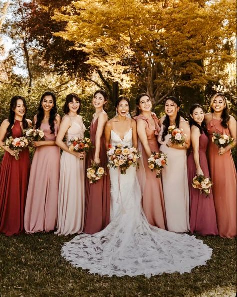 Rust And Blush Bridesmaid Dress, Mauve And Burnt Orange Wedding, Fall Pink Bridesmaid Dresses, Pink And Red Bridesmaids, Deep Pink Bridesmaid Dresses, Blush And Rust Wedding, Pink And Blue Bridesmaid Dresses, Pink And Purple Bridesmaid Dresses, Dark Pink Bridesmaid Dresses