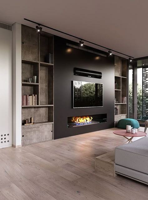 Gas Fireplace With Tv Above Built Ins, Fireplace Wall With Tv On The Side, Television Fireplace Wall Ideas, Large Tv In Living Room, Large Living Room Ideas Modern, Large Living Room Tv Wall, Fireplace In Living Room With Tv, Large Tv Living Room, Under Tv Fireplace