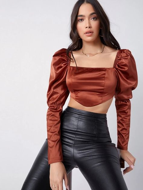 Satin Crop Top Outfits, Satin Top Outfit, Stylish Business Outfits, Blouse With Puff Sleeves, Award Show Dresses, Gigot Sleeve, Bodycon Outfits, Brown Satin, Black Leather Pants