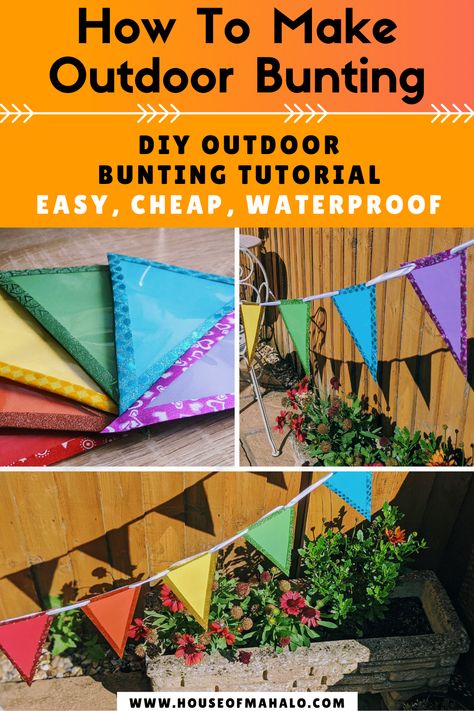 Do you want to make your own DIY outdoor bunting, which is easy and cheap to make, involves absolutely no sewing AND is waterproof? No problem! We've got you covered with this rainbow no sew outdoor bunting tutorial! #outdoorbuntingweatherproof #outdoorbuntingideas #howtomakeoutdoorbunting #homemadeoutdoorbunting Bunting Ideas Outdoor, Easy Bunting Diy, Outdoor Bunting Diy, Diy Bunting Banner Fabric, Diy Outdoor Garland, Garden Bunting Ideas, Easy Bunting, Diy Flag Banner, Jubilee Crafts