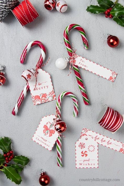 Super easy DIY candy change gift idea! It takes one than a 1 minute to decorate a candy cane with twine and a free printable holiday gift tag. This simple and affordable handmade holiday gift ideas is great for teachers, the mailman, helpful neighbors, study groups, coworkers, or anyone difficult to shop for and an easy craft idea for teachers and kids. Tab for the printable Christmas gift tags. #candycane #candycanegifts #gifttag #holidaygift #christmasgifts #gift | countryhillcottage.com Teacher Gift Tags Printable Free, Candy Cane Gift Ideas, Christmas Name Tags Diy, Simple Christmas Gifts For Coworkers, Diy Gift Tags Christmas, Candy Cane Gift Tags, Printable Candy Cane, Free Holiday Gift Tags, Easy Diy Candy