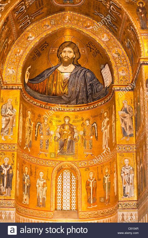 Jesus Christ Mosaic In The Apse, Monreale Cathedral, Monreale, Near Stock Photo, Royalty Free Image: 39360071 - Alamy Byzantine Art Architecture, Monreale Cathedral, Architecture Antique, Byzantine Architecture, Palermo Sicily, Cathedral Architecture, Sacred Architecture, Byzantine Empire, Cathedral Church