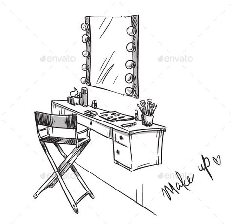 Chair Illustration, Table Sketch, Modern Leather Chair, Mirror Drawings, Makeup Print, Chair Drawing, Makeup Illustration, Makeup Wallpapers, Makeup Drawing