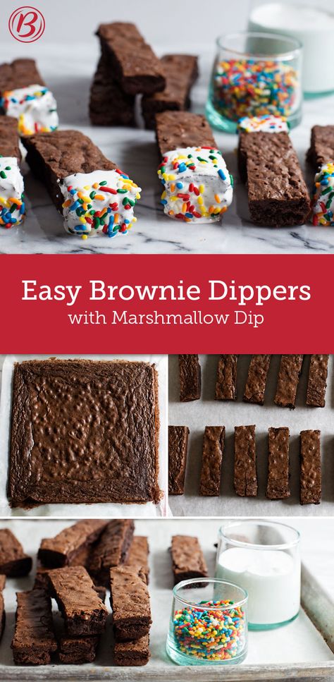 These clever brownie dippers are the perfect party treat! Made with Betty's dark chocolate brownie mix, they are so easy to customize and even more fun to eat! Brownie Dippers, Dark Chocolate Brownie, Easy Brownie, Marshmallow Dip, Cookie Brownie Bars, Brownie Mix, Brownie Bar, Betty Crocker, Mini Desserts