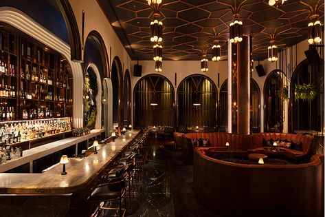 BKK Social Club, Thailand – darc awards Fancy Restaurant Interior, Battery Operated Table Lamps, Arch Light, Upholstered Banquette, Lighting Control System, Gold Fixtures, Reflecting Pool, Globe Decor, Fancy Houses