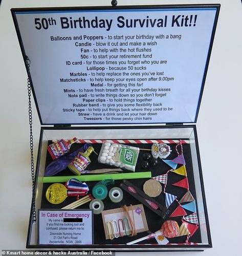 Woman gifts her friend a 'survival kit' for her 50th birthday complete with 'lost' marbles | Daily Mail Online 50th Survival Kit For Women, 50th Survival Kit Turning 50, 50 Things For 50th Birthday Gag Gifts, 50 Presents For 50th Birthday Mom, 60th Survival Kit Funny, 60th Survival Kit, Cute 50th Birthday Gift Ideas, 50th Ideas For Women Birthdays, Creative 50th Birthday Ideas