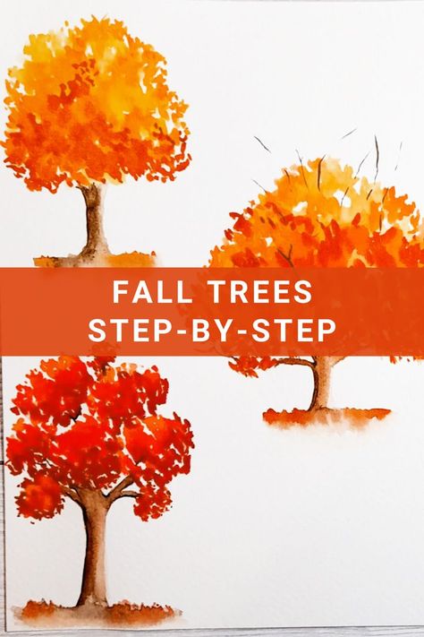 Three Easy Fall Tree In Watercolor. Step By Step Painting Tutorial. How To Paint. Autumn Painting. Fall Tree Watercolor Painting, Tree Painting Easy, Paint Autumn, Watercolor Step By Step, Watercolor For Beginners, Fall Tree Painting, Landscape Steps, Tree Watercolor Painting, Fall Trees