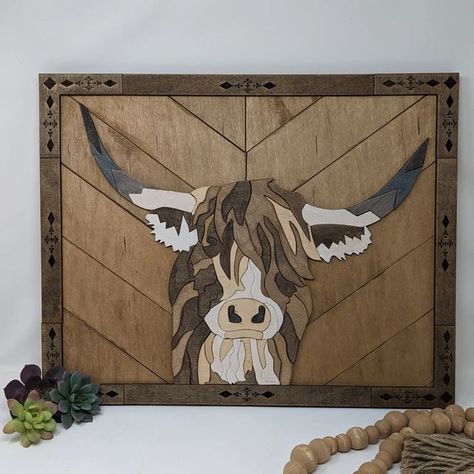 Mosaic Highland Cow, Wood Highland Cow, Painting Highland Cow, Cow Decorations, Craft Shack, Bandsaw Projects, Highland Cow Painting, Carved Wood Wall Art, Cow Decor