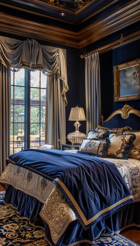 Love the elegant details in this blue and gold room Blue And Gold Room, Blue And Gold Aesthetic, Royal Blue Bedroom, Royal Blue Bedrooms, Blue And Gold Bedroom, Old Money House, Suite Bedroom, Gold Room, Gold Rooms