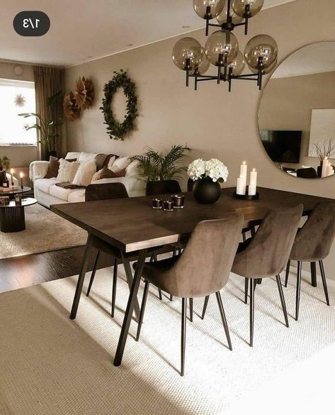 Dark Brown Dining Table, Dark Wood Living Room, Brown Dining Room, Brown Dining Table, Living Room Dining Room Combo, Classy Bedroom, Beige Living Rooms, Dinning Room Design, Dining Room Combo