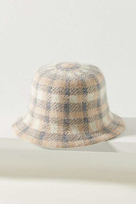 This bucket hat tops off any look with a bit of preppy charm. Cool Bucket Hats, Leopard Print Beanie, Plaid Bucket Hat, Wool Bucket Hat, Knit Beret, Rancher Hat, Wool Hat Knit, Boho Hat, Striped Beanies