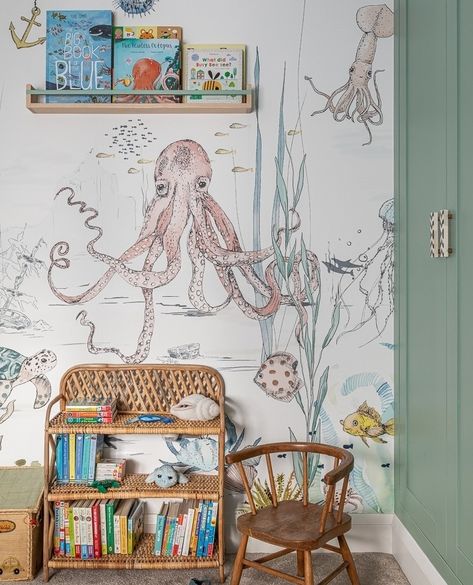 LARA CLARKE (@laraclarke_interiors) • Instagram photos and videos Ocean Wallpaper Nursery, Ocean Themed Wallpaper, Wallpaper Childrens Room, Ocean Mural, Handmade Wallpaper, Kindergarten Wallpaper, Normal Wallpaper, Unicorn Wallpaper, Jungle Wallpaper