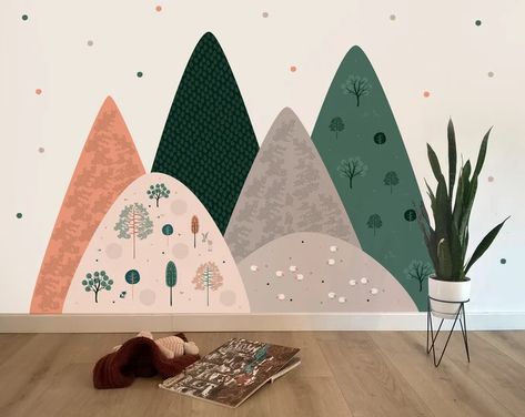 ndecoWallArt - Etsy Poland Girls Bedroom Mural, Pastel Nursery Decor, Boys Wall Stickers, Woodland Nursery Girl, Woodland Wallpaper, Mountain Decal, Pastel Nursery, Animal Mural, Kids Room Wall Decals