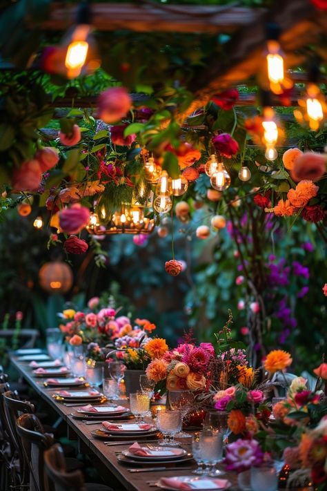 Boho Wedding Dinner, Forest Garden Party, Backyard Dinner Party Ideas, Garden Wedding Table, Garden Dinner Party, Thai Place, Outdoor Garden Party, Whimsical Garden Wedding, Garden Dinner