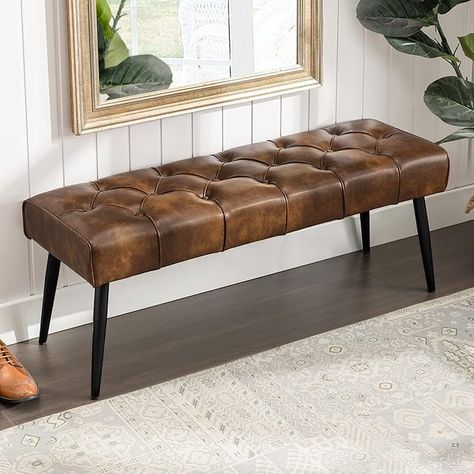 Amazon.com: LUE BONA Button-Tufted Ottoman Bench, 44.5'' Faux Leather Upholstered Bedroom Bench, Padded Entryway Bench, End of Bed Bench with Metal Legs, for Decorative, Living Room, Dining Room, Yellowish Brown : Home & Kitchen Bedroom Bench Modern, Tufted Leather Ottoman, Upholstered Bench Bedroom, Entryway Dining Room, Upholstered Bedroom, Modern Ottoman, End Of Bed Bench, Leather Bench, Tufted Ottoman