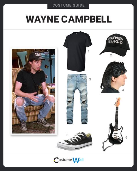 The best cosplay guide for dressing up and rocking out as Wayne, the metalhead that starred in the SNL sketch and hit movie Wayne's World. Wayne’s World Costume, Wayne And Garth Costume, Waynes World Costume, Halloween Boards, Wayne Campbell, 90s Fancy Dress, 1990s Aesthetic, Waynes World, Decades Costumes