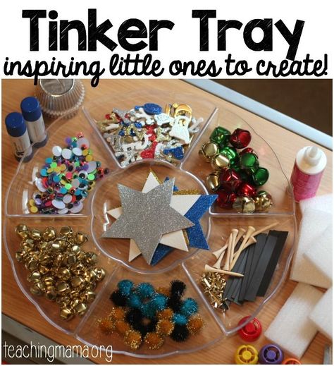 It’s been so cold and snowy here, so I’ve been brainstorming ways to keep my kids busy indoors. We had so much fun with our last tinker tray, that I decided to put together another one. I looked through my craft supplies and filled a divided tray full of materials my children can use to create with. I … Tinker Station, Tinker Table, Quiet Time Boxes, Tinker Box, Tinker Tray, Space Preschool, Teaching Mama, Indoor Crafts, Time Activity