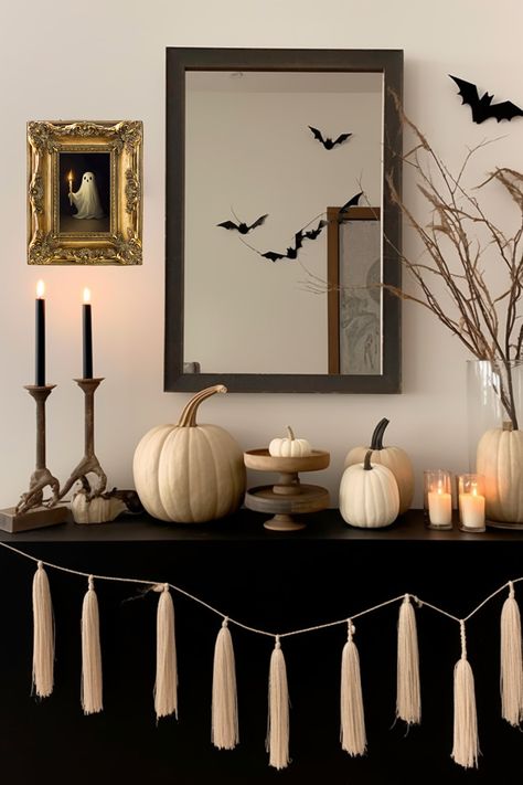 Halloween
Fall
decor
Vintage 
Antique Halloween Table Display Ideas, Ghouls Night Decor, Halloween Decor Floating Shelves, Nancy Meyers Halloween, Simple Halloween Room Decor, Halloween Black And White Decor, Ghost Mantle Decor, Halloween House Themes, Halloween Decorations Indoor Minimalist