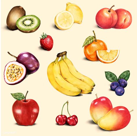 Passion Fruit Drawing, Fruits Watercolor, Fruits And Vegetables List, Fruits Illustration, Drawing Apple, Banana Sticker, Vegetable Illustration, Fruits Drawing, Fruits Images